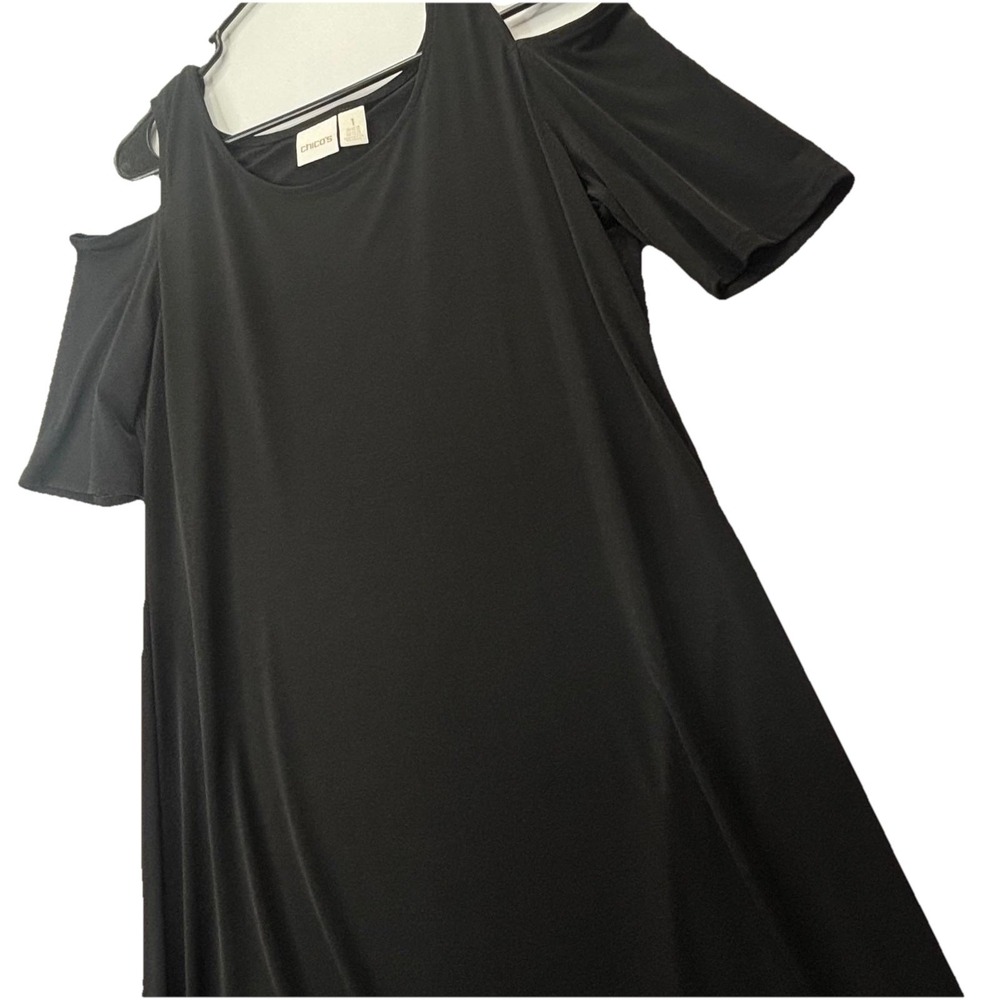 Chicos Size 1 Black Cold Shoulder Dress Womens Stretch Short Sleeve Maxi - Picture 6 of 12